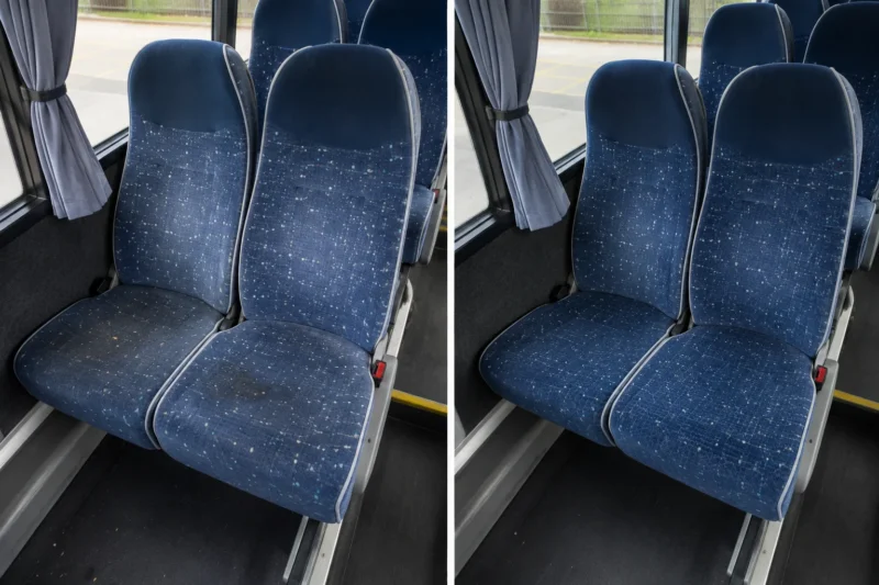 Entretien des sièges en tissu d'un autocar à Grenoble - avant après