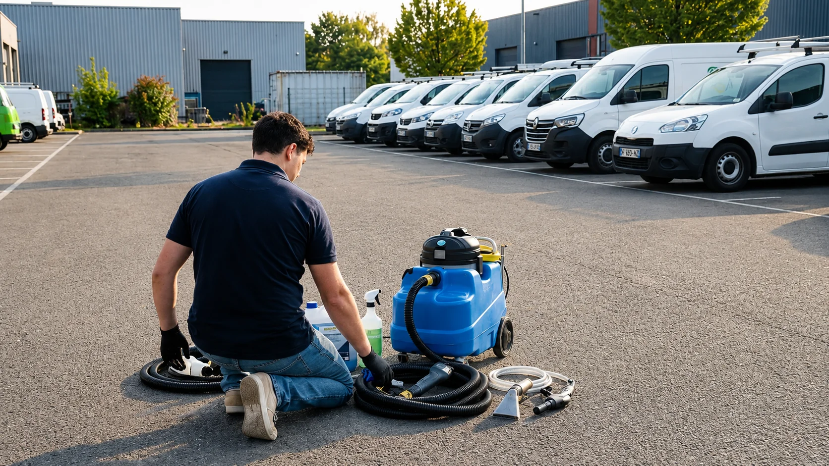 Technicien préparant son matériel devant une flotte d'utilitaires d'entreprise