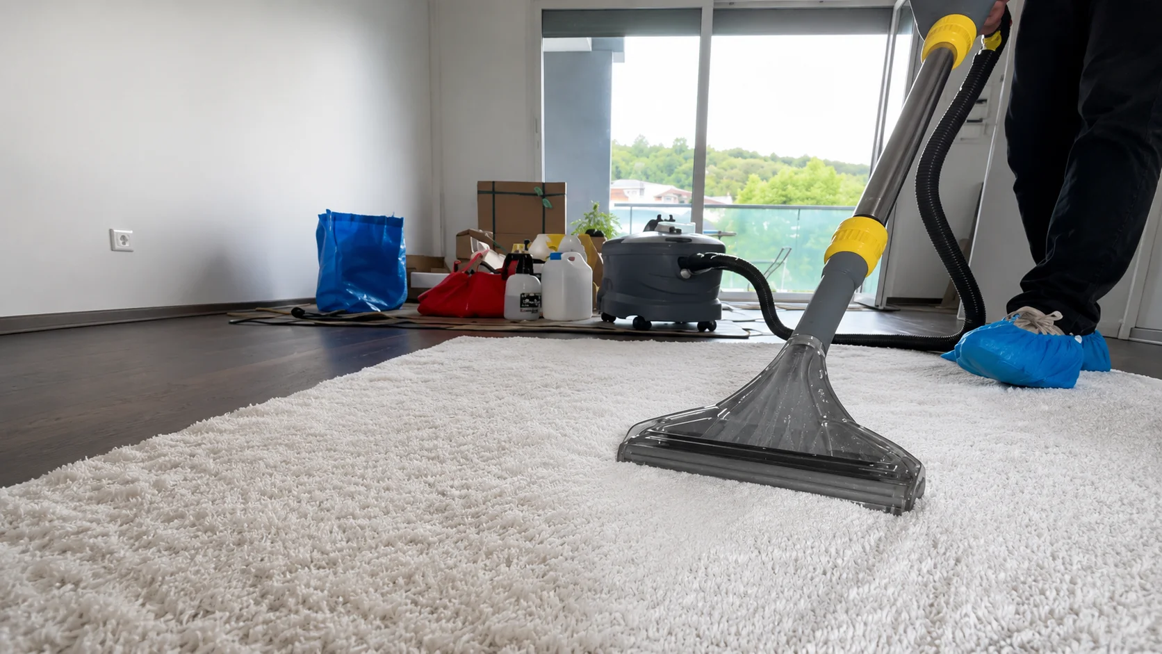 Extraction en profondeur des fibres d'un tapis de salon lors d'un nettoyage à domicile